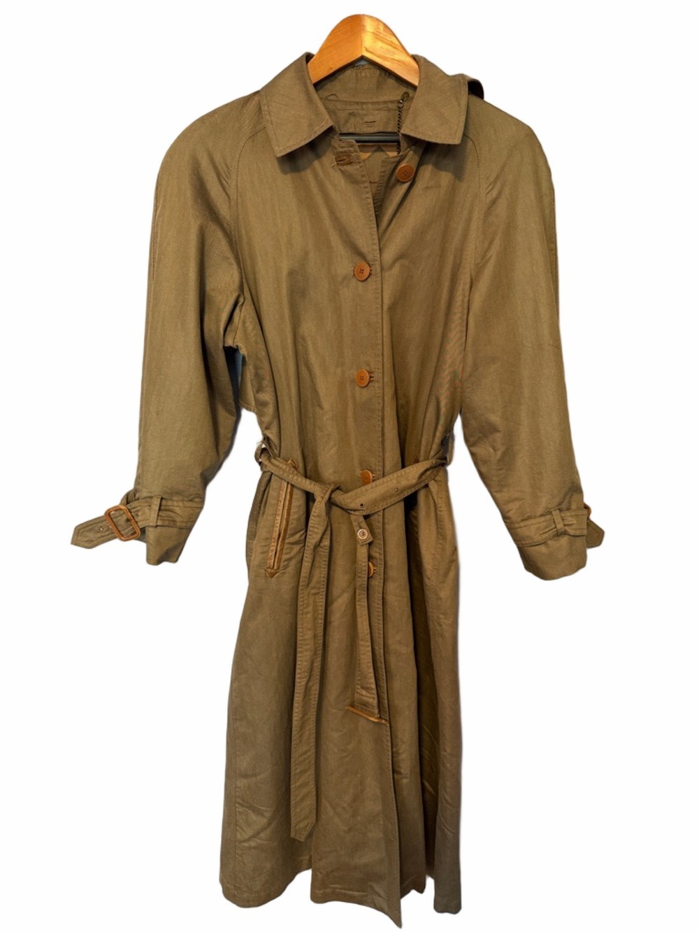 Etienne Aigner Vintage Olive Trench Coat Belted Leather Trim Wool Lined Sz 8 - Picture 2 of 16